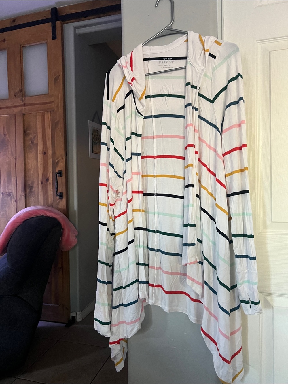 torrid White Hooded Open Cardigan with Multicolor Stripes